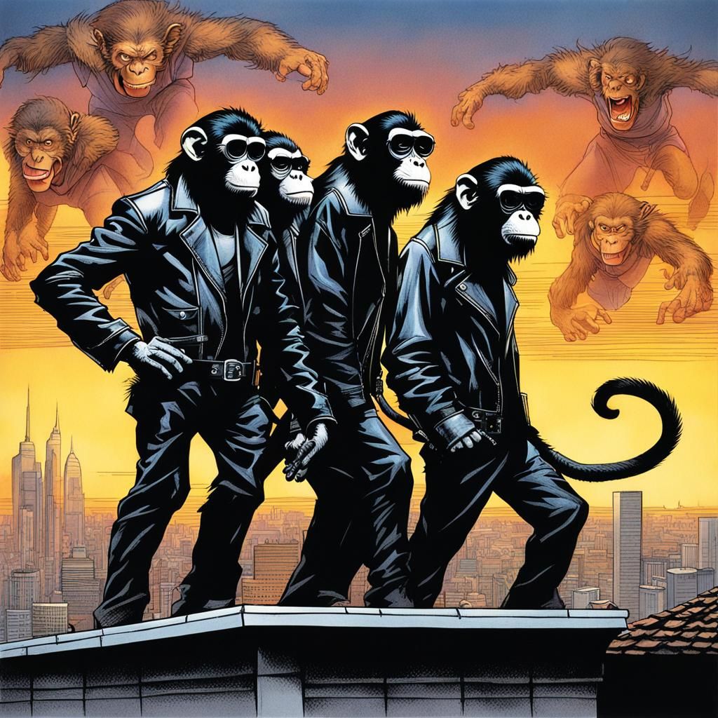 Cartoon Monkeys on a Roof in 90s Movie Style