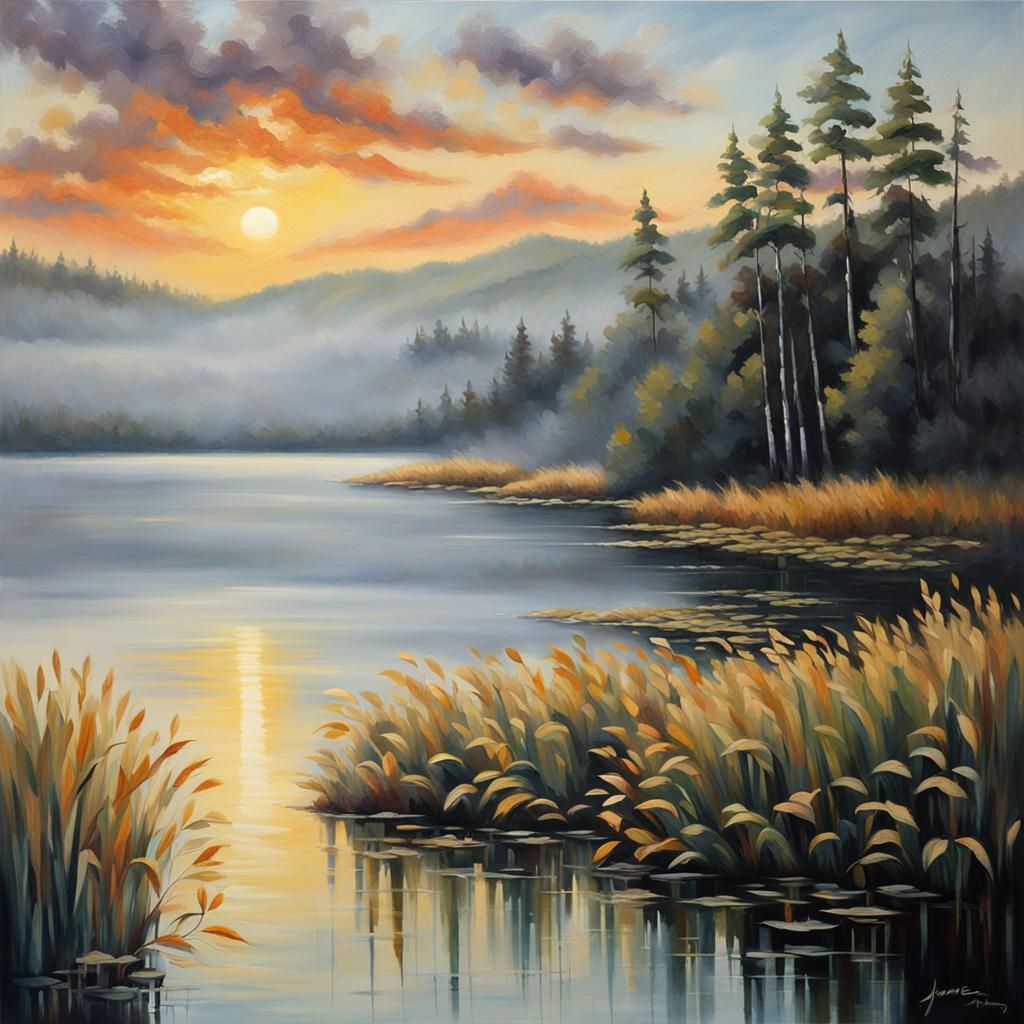 Vivid Sunrise Over Windswept Lake, Oil Painting