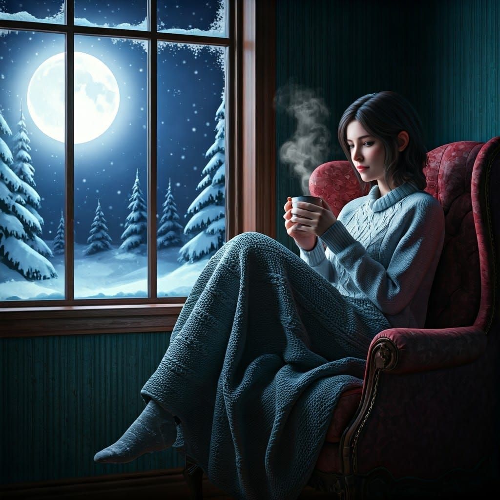 Cozy Winter Night Reader in 8-bit Pixel Art