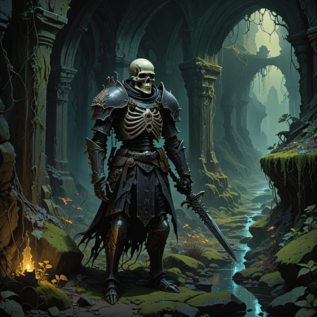 Skeleton Knight Sentinel in Bioluminescent Cavern