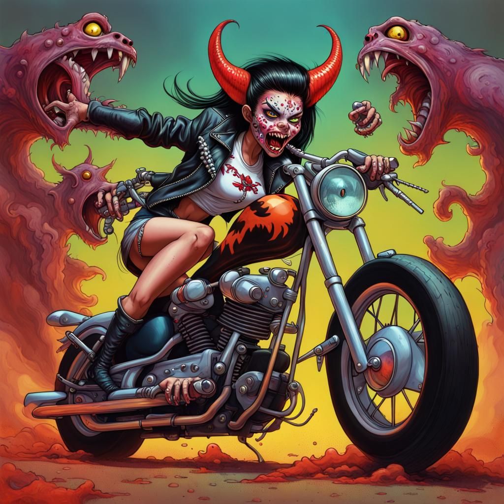 Devil Girl Zombie on Motorcycle in Splash Art