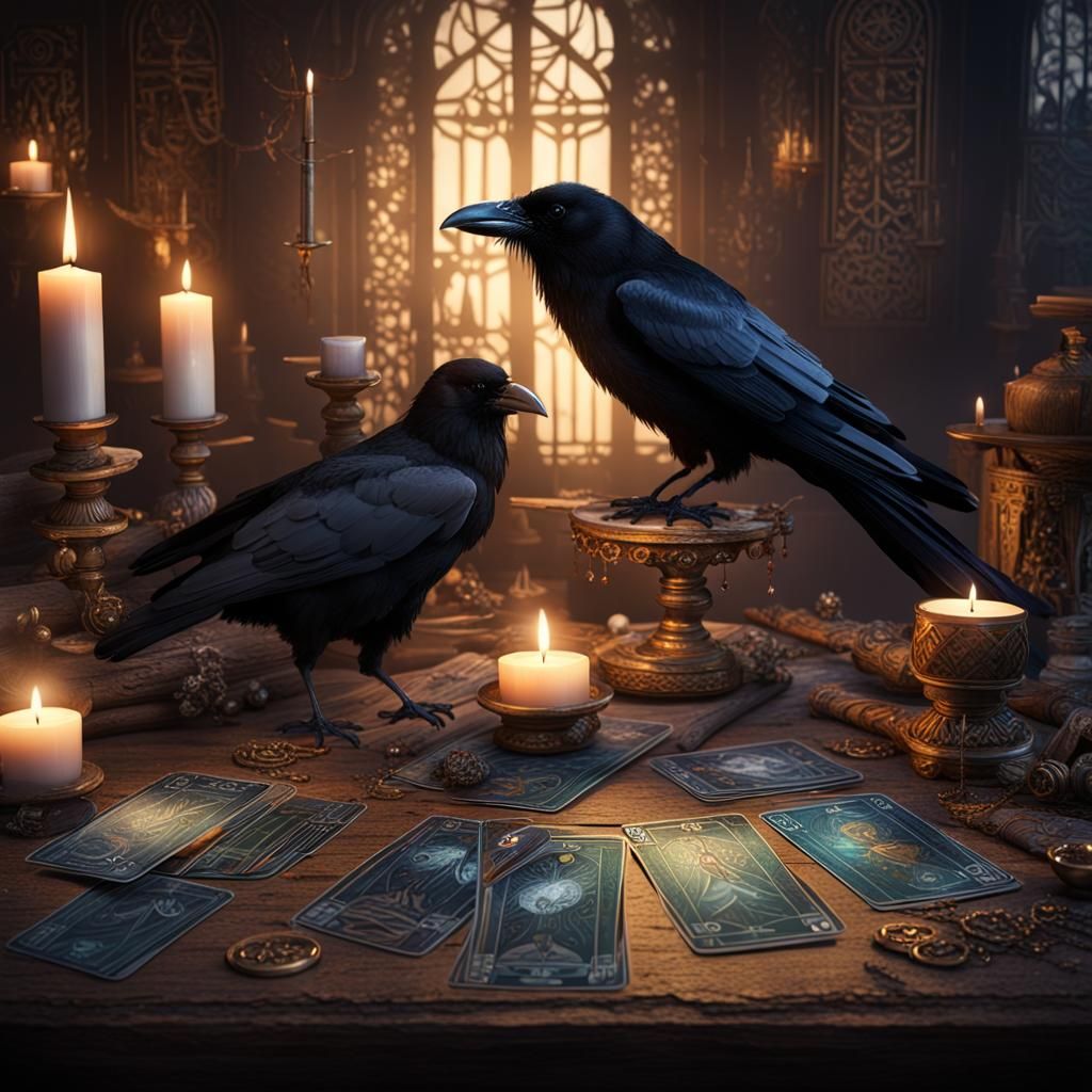 Tarot Card Reading with Raven, Detailed Fantasy Art