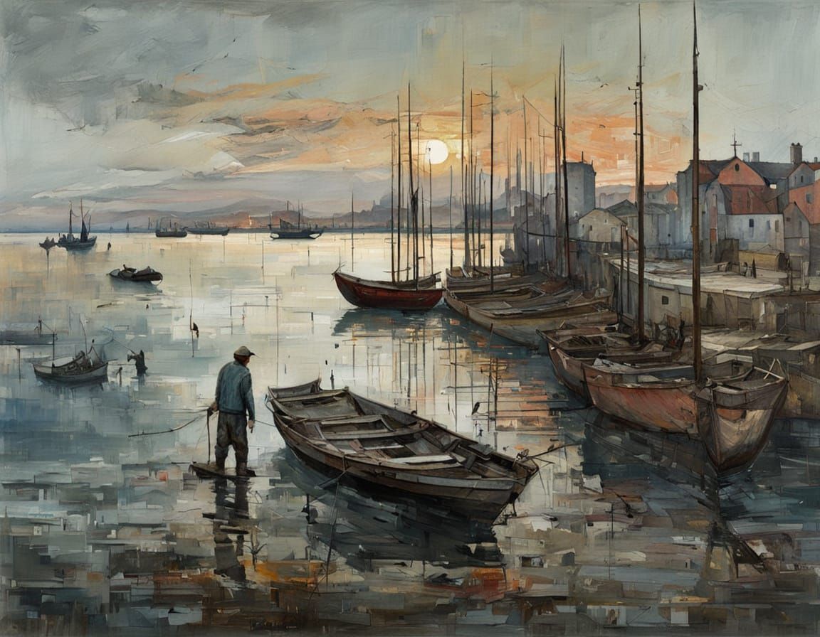 Medieval Port Town at Dawn, as Surrealist Landscape Painting