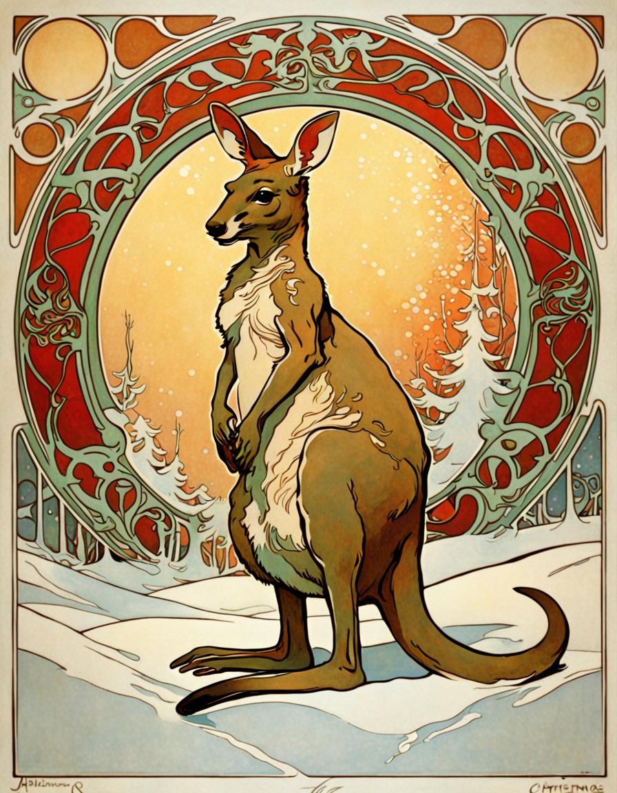 Christmas Kangaroo in Art Nouveau Style