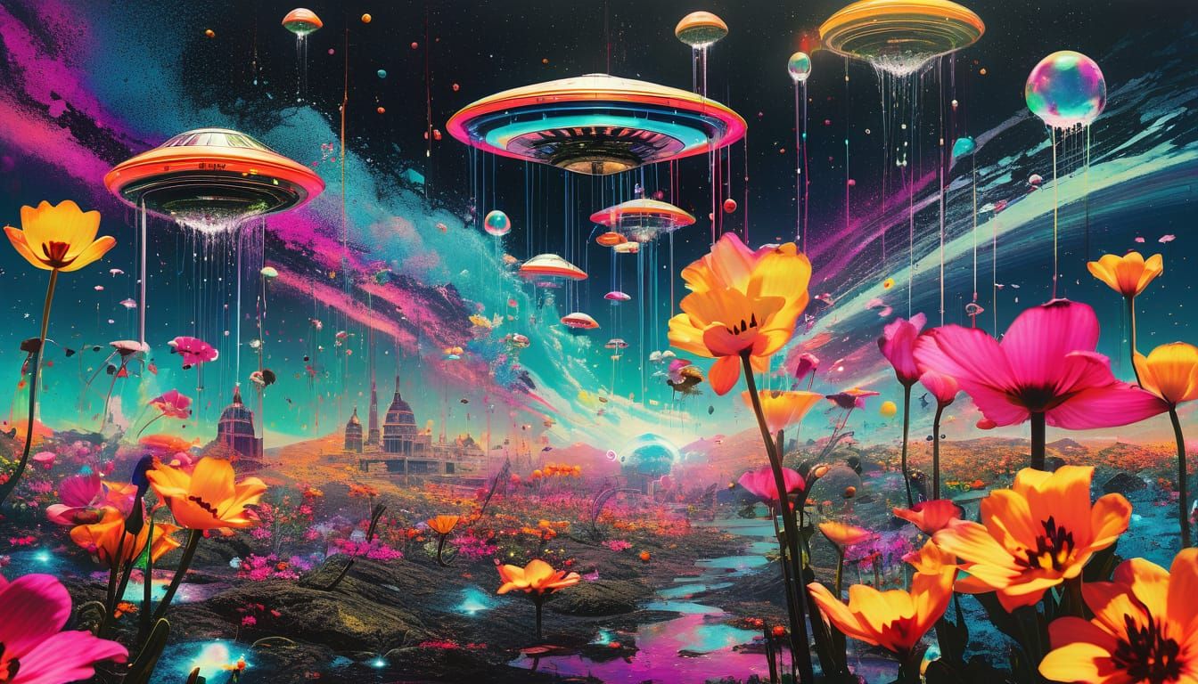 Epic Psychedelic Biopunk Cityscape Under Alien Invasion
