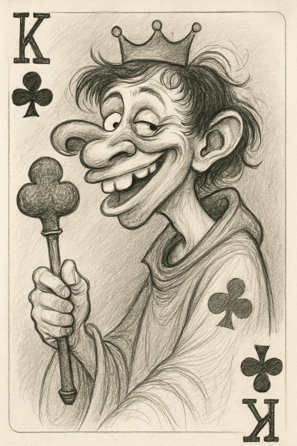 Silly King of Clubs Caricature as Pencil Sketch
