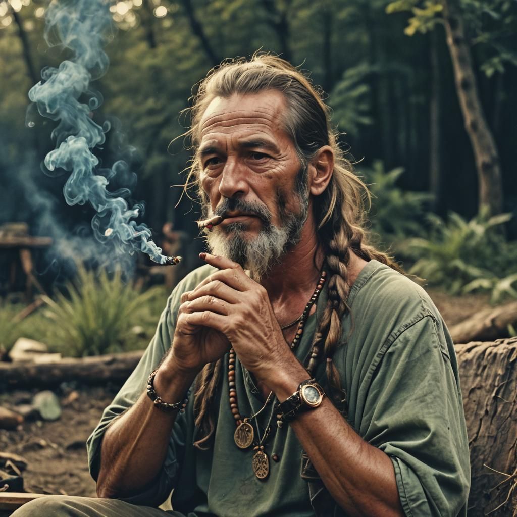 Handsome Hippie Smoking: Cinematic Film Still