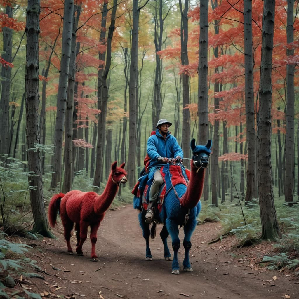 Man Rides Colorful Llama Through Woods