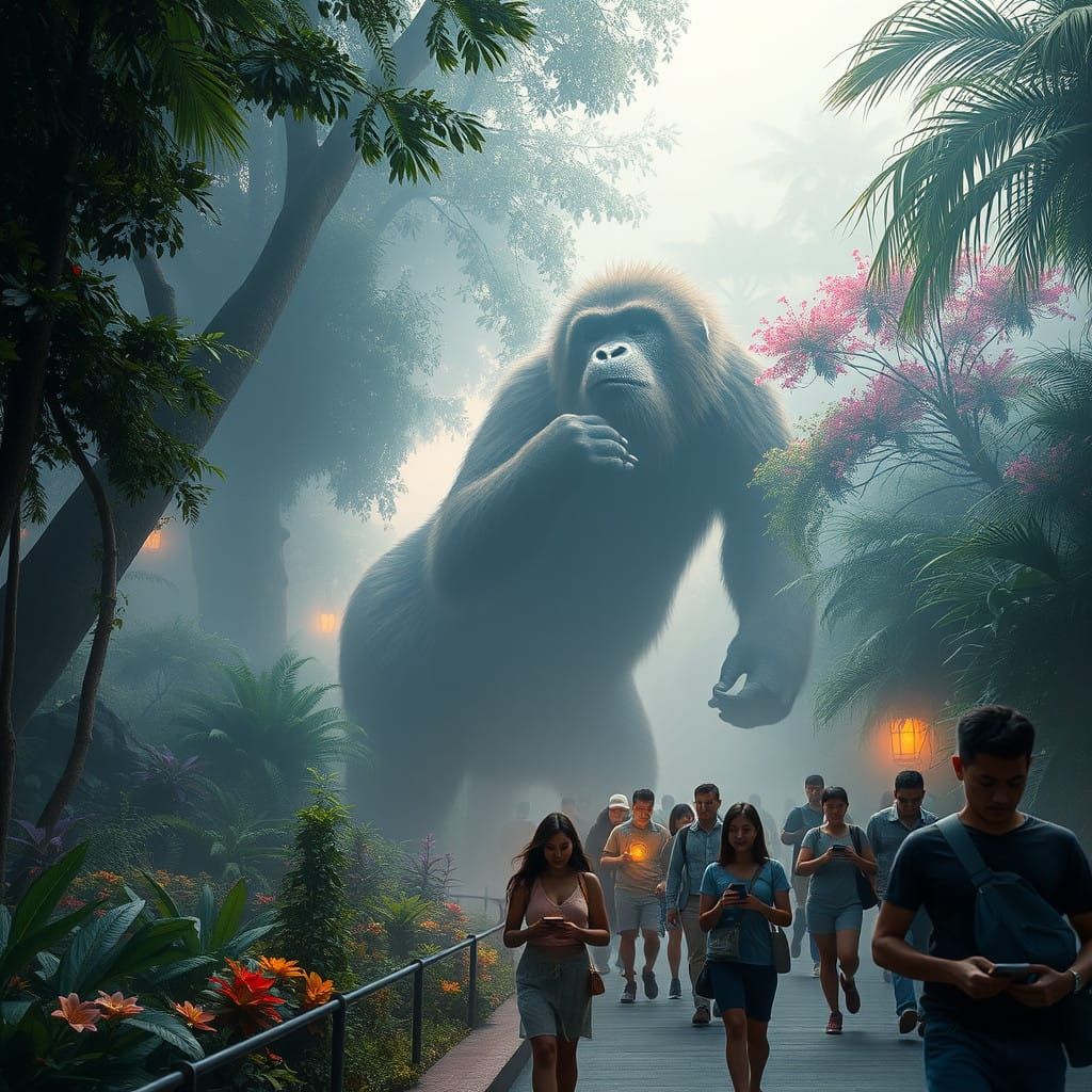 Majestic Gigantopithecus in a Mystical City Zoo