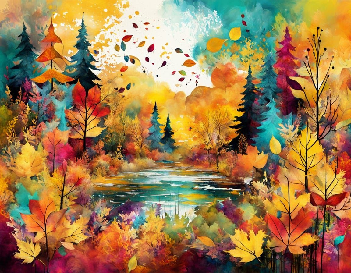 Dynamic Autumn Mixed Media Art with Bold Textures