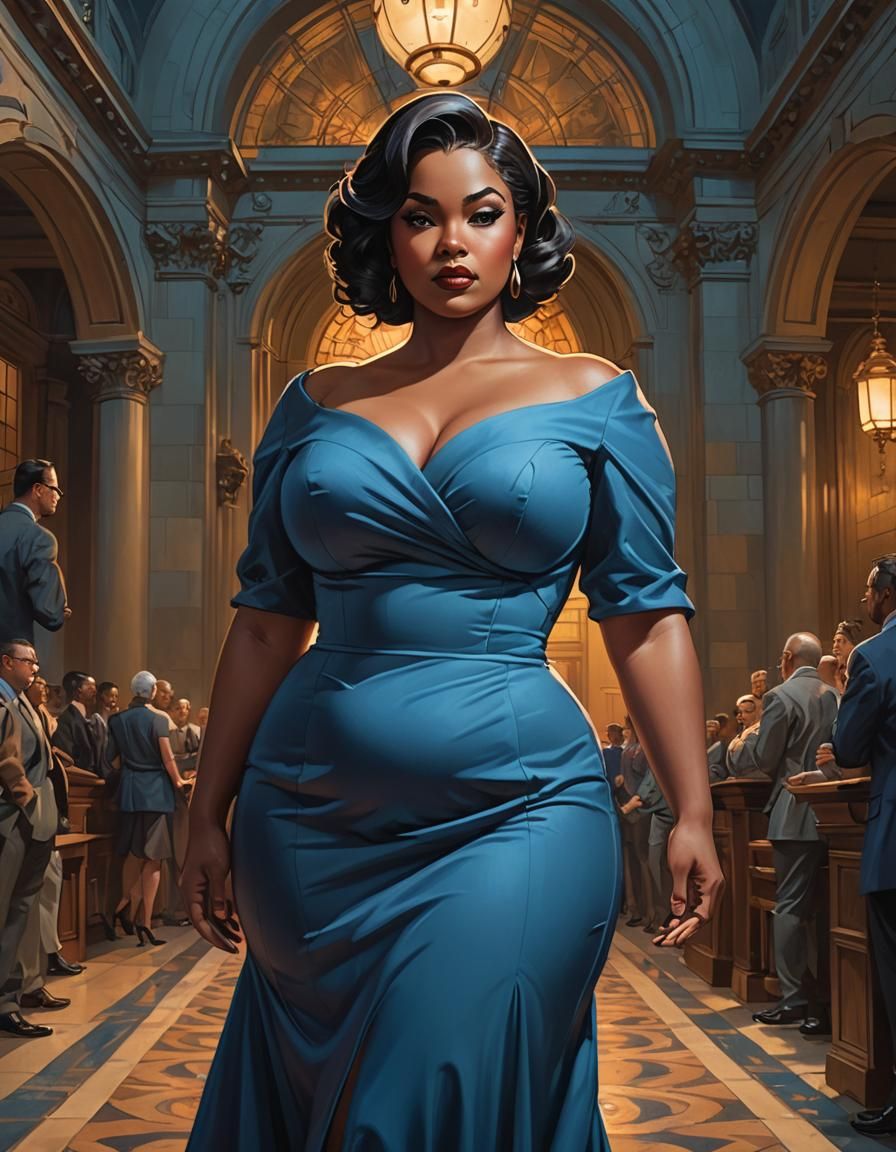 Curvy Woman in Blue Dress in Court, Glamour Lighting