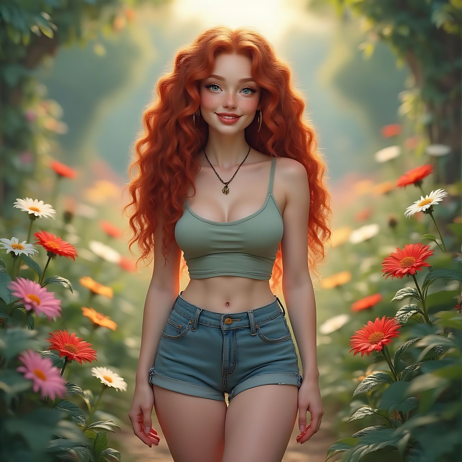 Sensual Springtime Goddess in Vibrant Floral Garden