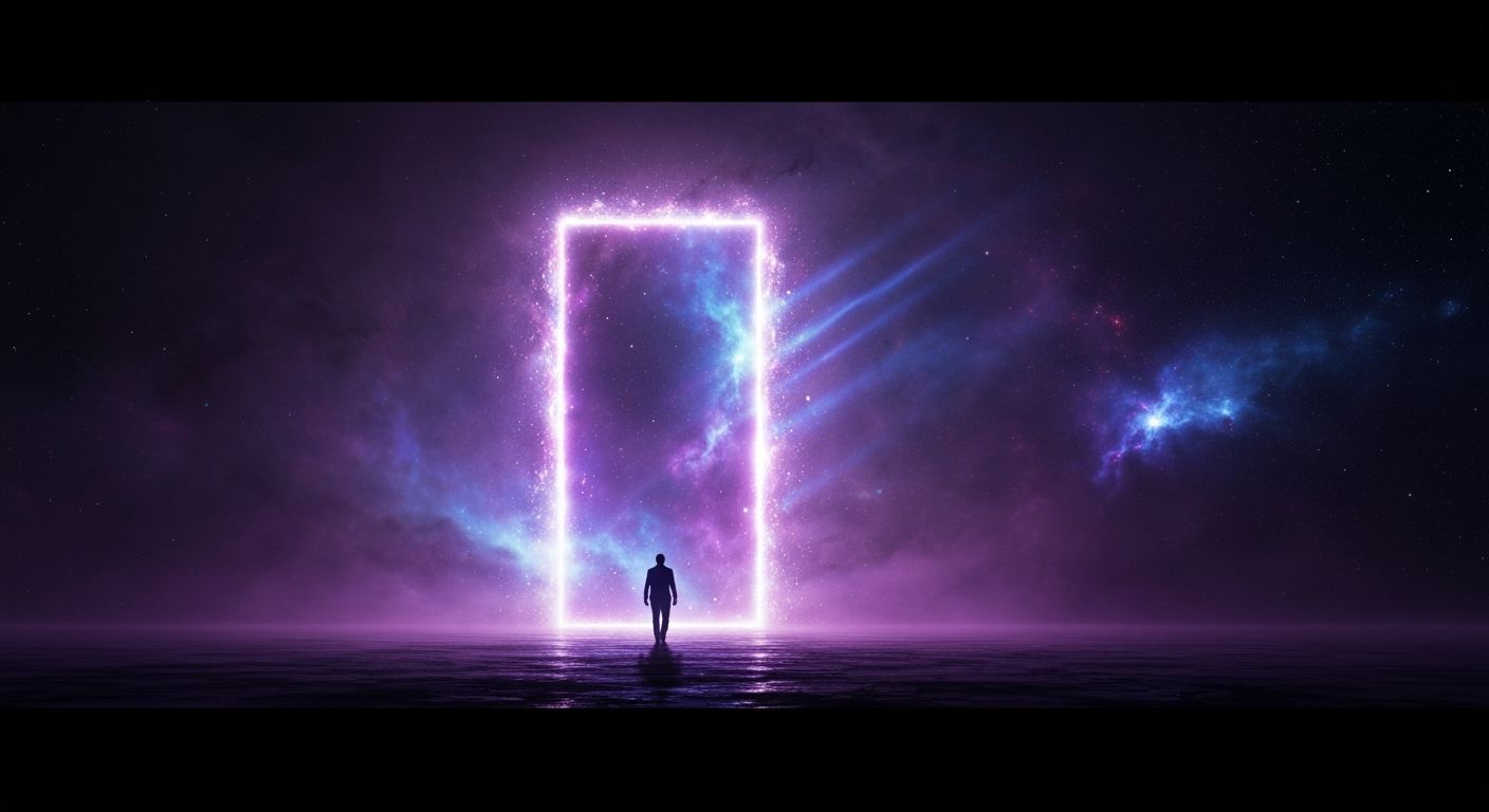 Figure Approaches Cosmic Portal in Cinematic Matte Painting