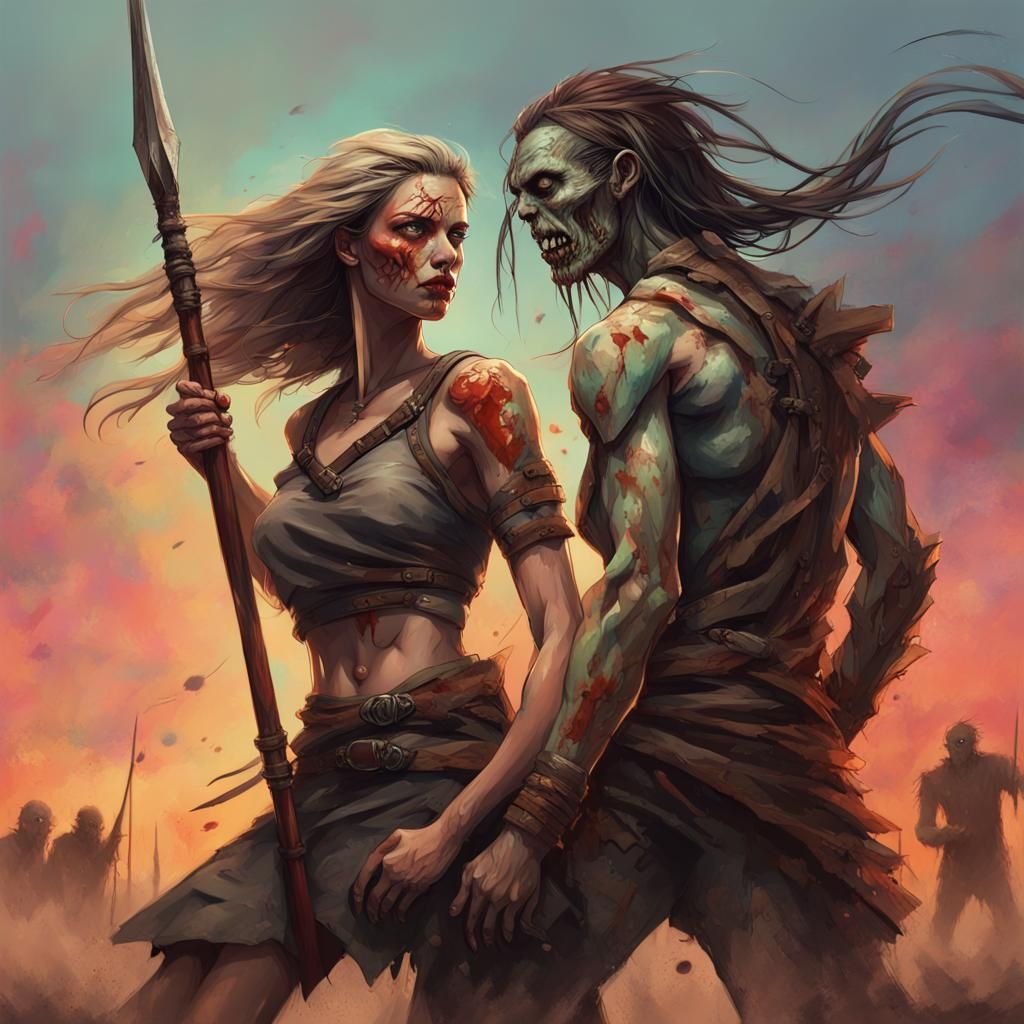 Female Warrior vs Zombie in Apocalyptic Wasteland