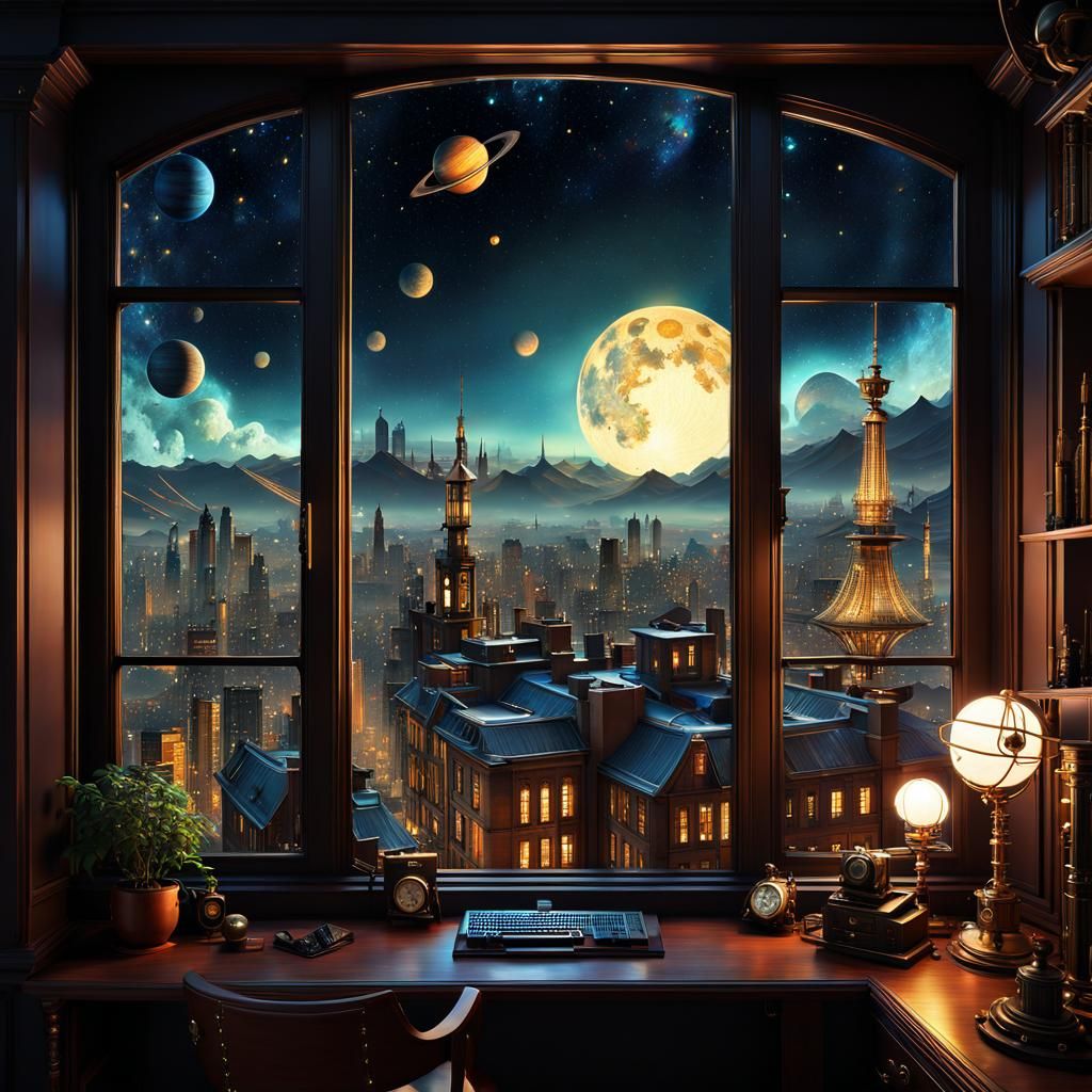 Steampunk Cityscape at Night: Fantasy Digital Art
