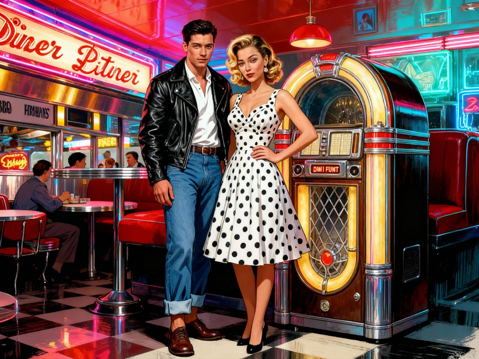 1950s Couple in Vibrant Diner Concept Art