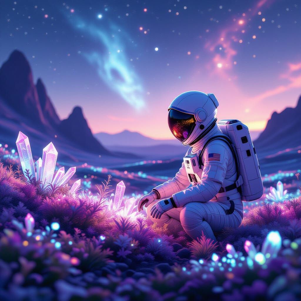 Astronaut Tends Bioluminescent Garden on Alien Planet