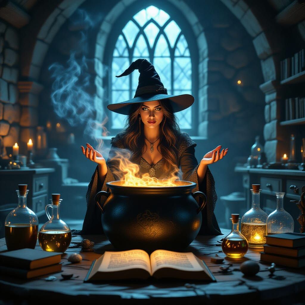 Witch Brewing Potions in Magical Alchemy Room