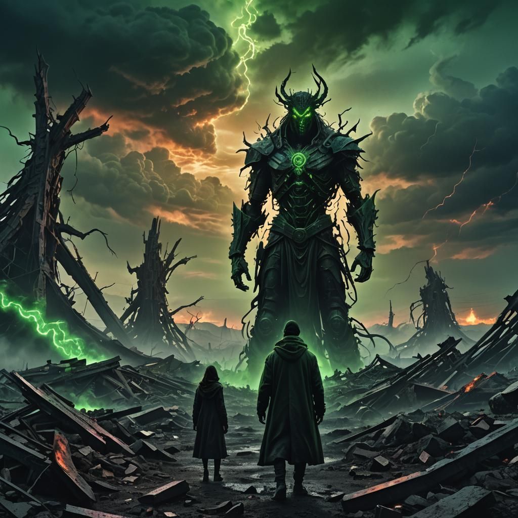 Dystopian Figure Defies False Gods in Apocalyptic Landscape