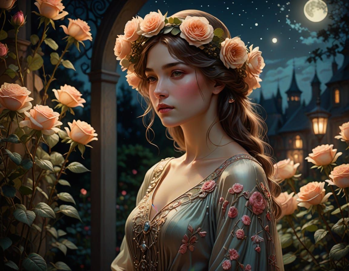 Art Nouveau Woman in Moonlit Rose Garden Hat