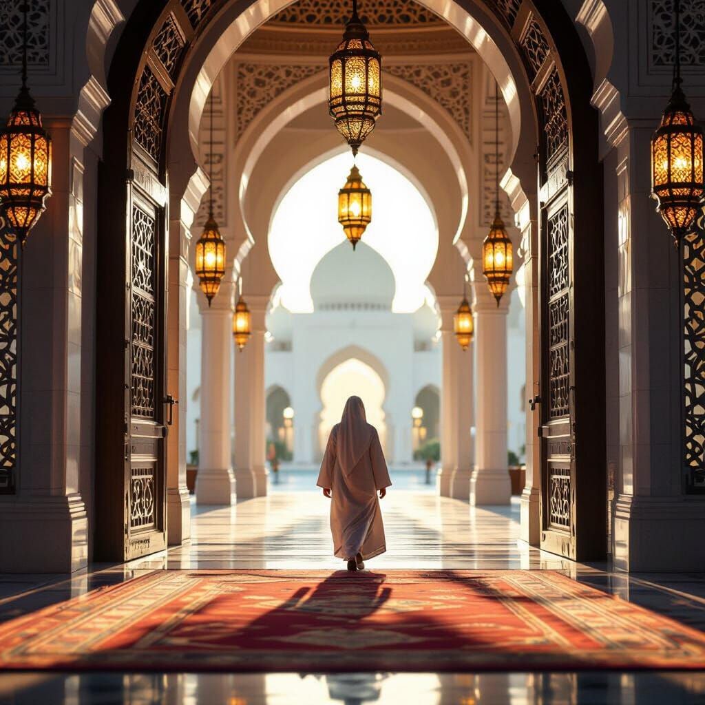 Figure Enters Serene Mosque Interior with Sunlight