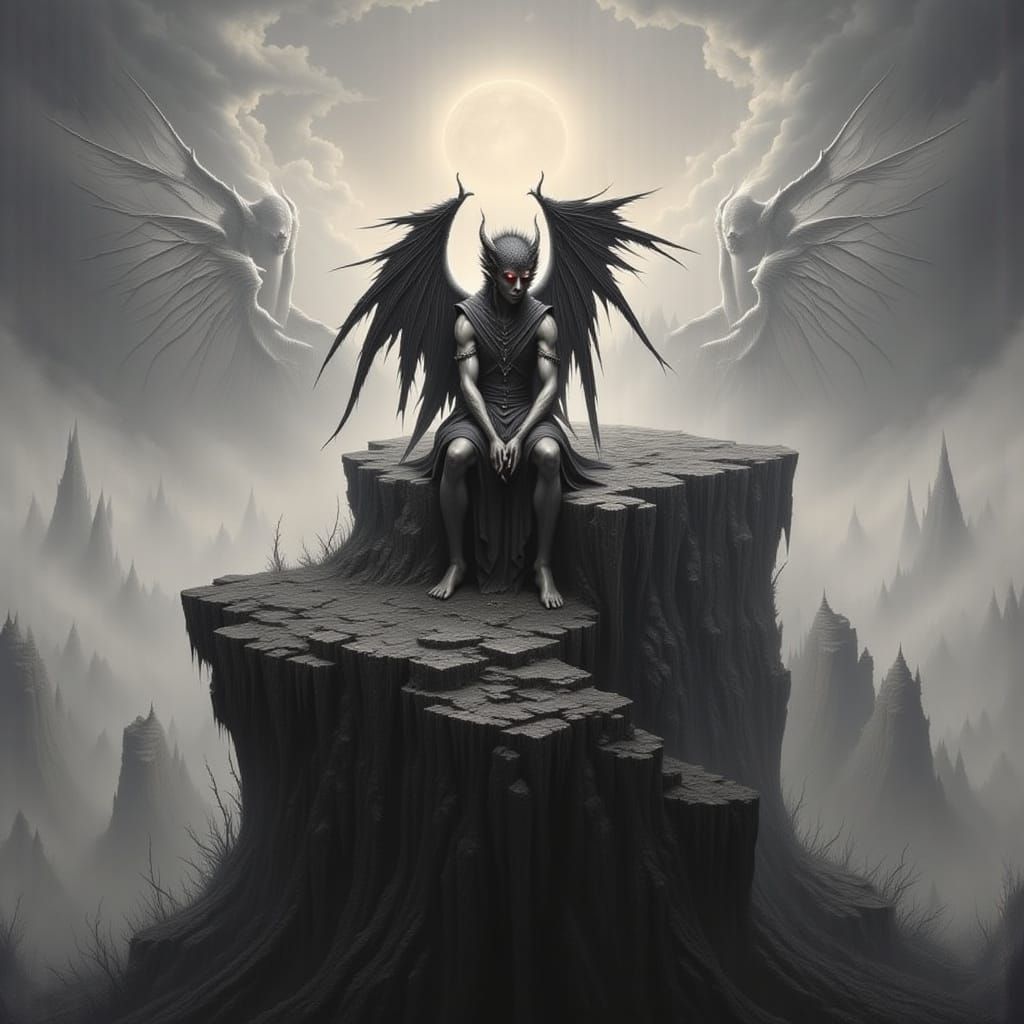 Lonely Demon on Cliff Edge with Drooping Wings