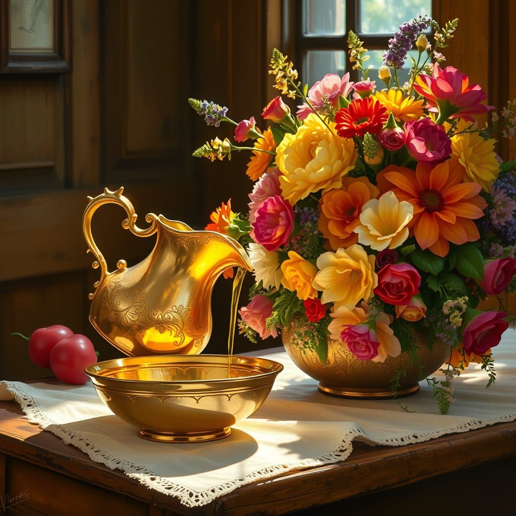 Golden Pitcher Pouring Olive Oil, Impressionistic Style