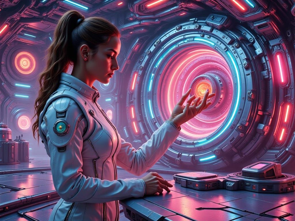 Engineer Repairs Warp Core in Neon Sci-Fi Engine Room