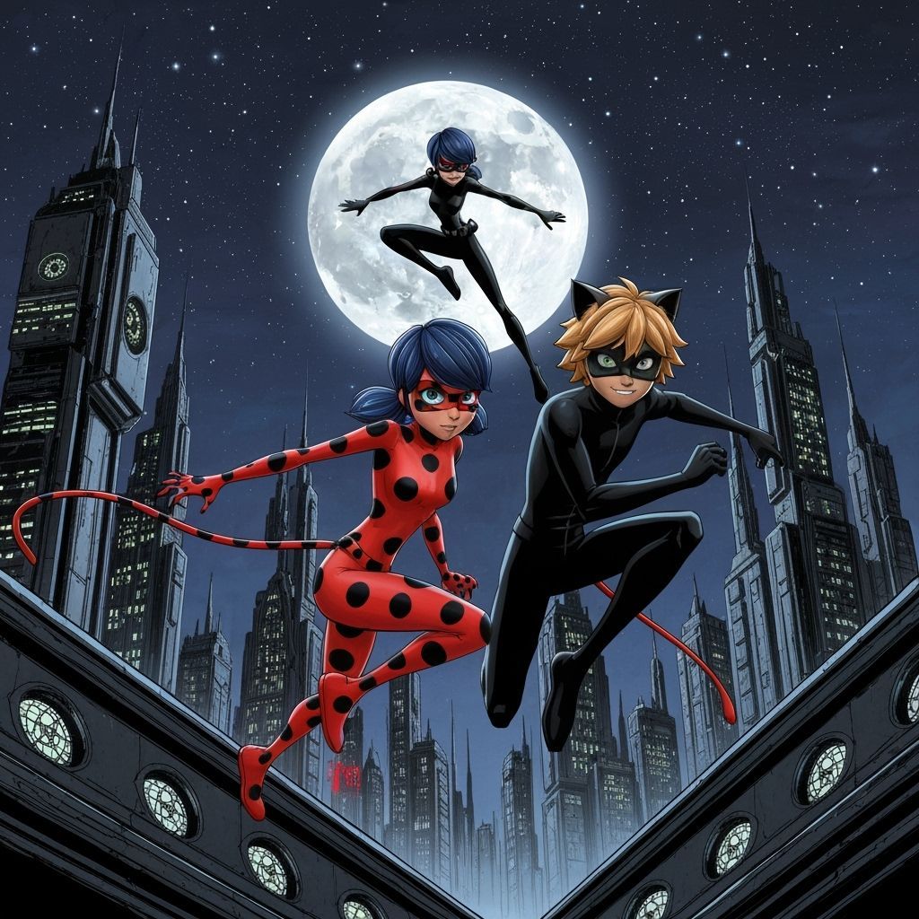 Eldritch Ladybug and Cat Noir in Gothic Sci-Fi Cityscape