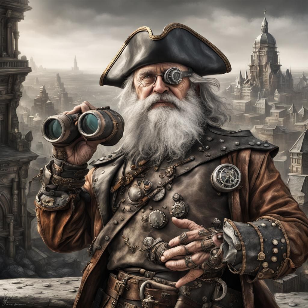 Steampunk Pirate Dwarf in Medieval Cityscape