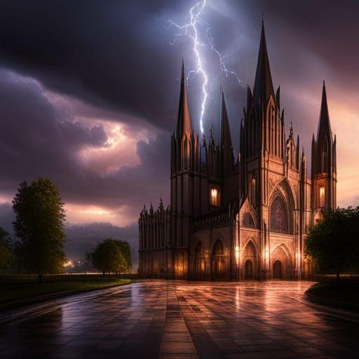 Sinister Gothic Cathedral Under Stormy Skies