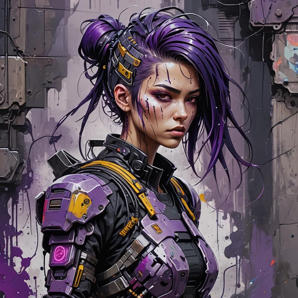Cyberpunk Warrior: Half Robot, Street Art Style