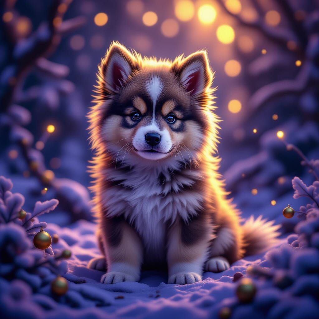 Fluffy Christmas Puppy in Dark Fantasy Art