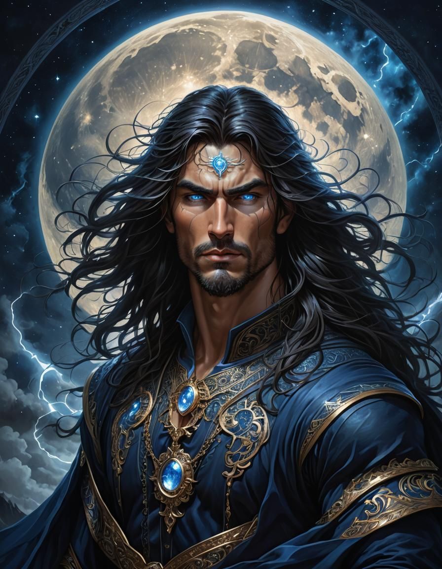 Detailed Mage with Moon, Dark Fantasy Art