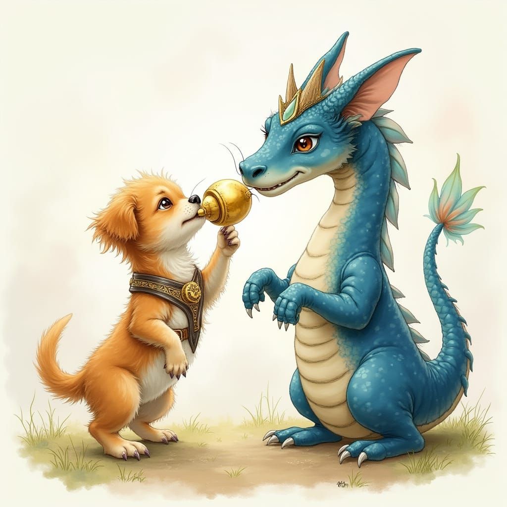 Dog Rings Majestic Blue Dragon in Whimsical Fantasy Scene
