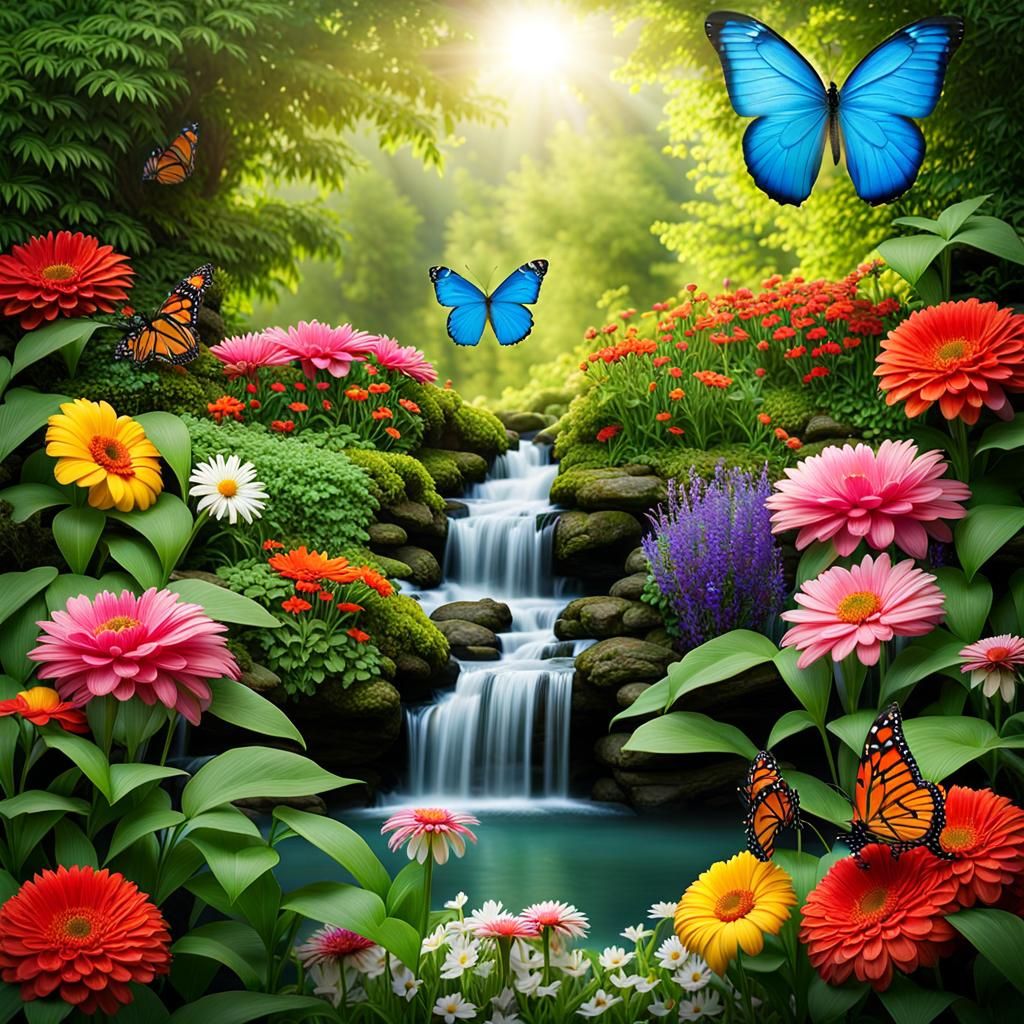 Beautiful Waterfall With Spring Flowers