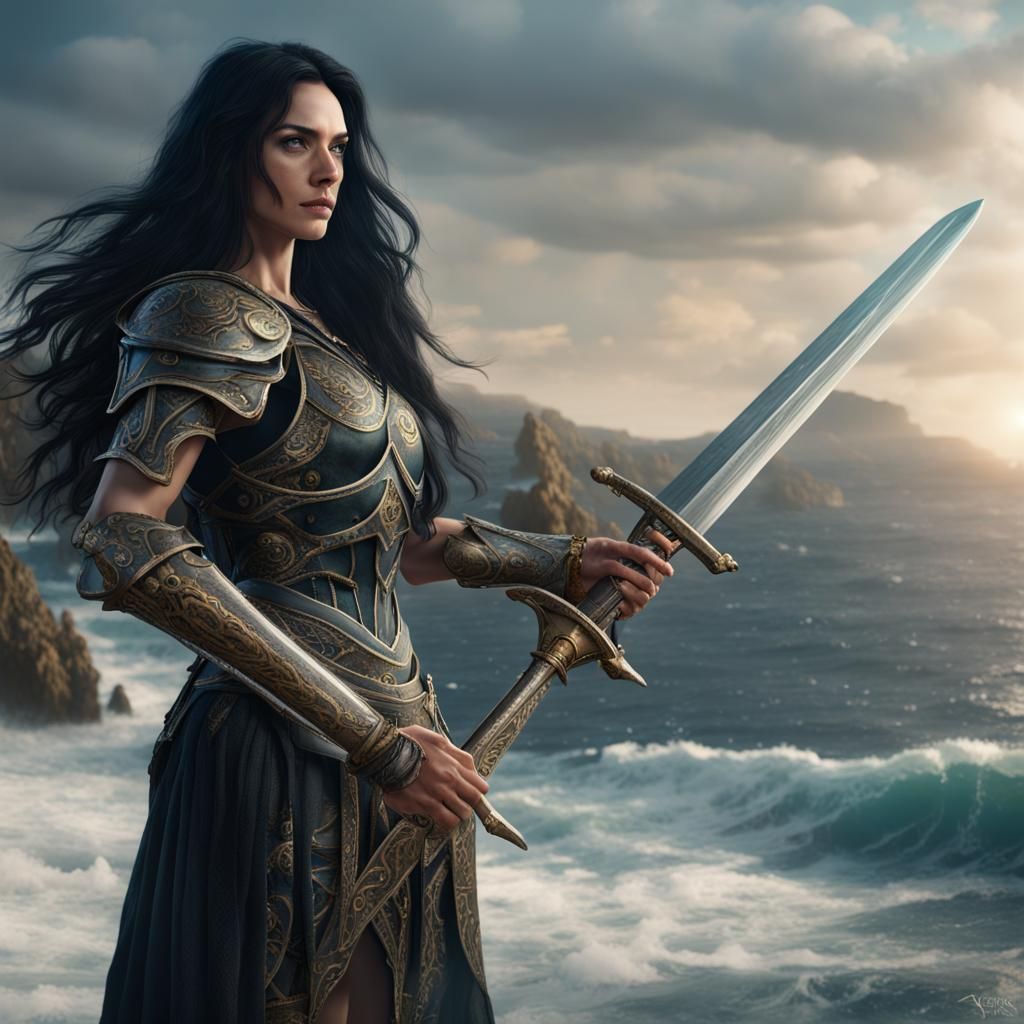 Woman Warrior in Greek Armor by the Sea