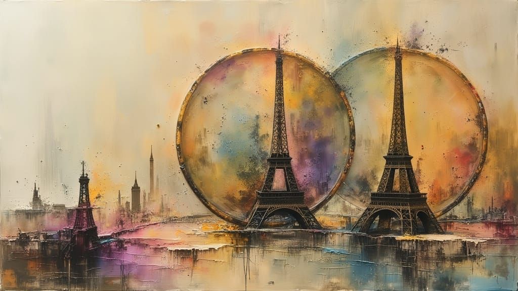 Cubist Miniature Eiffel Tower and Tower Bridge on Plate