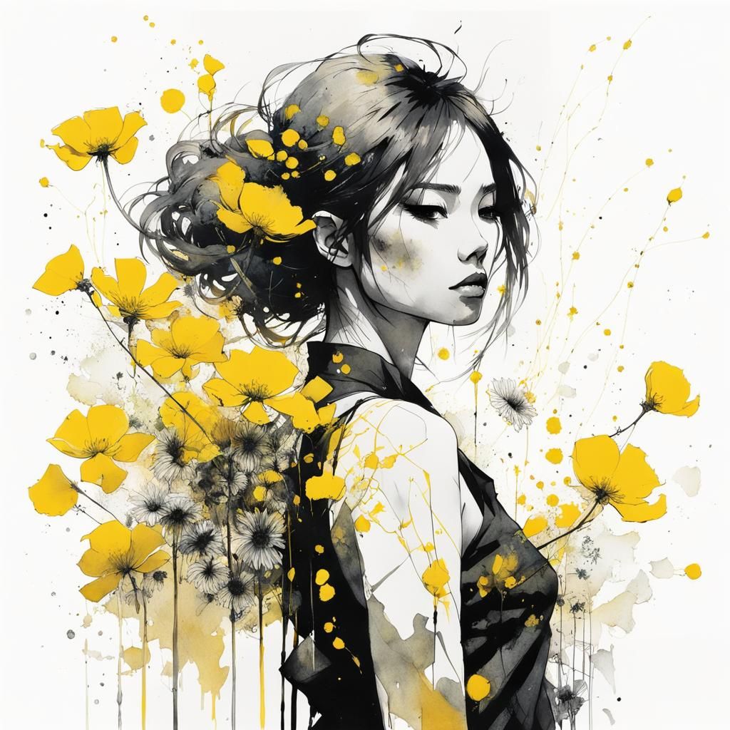 Botanical Ink Drawing of Girl with Yellow Flower
