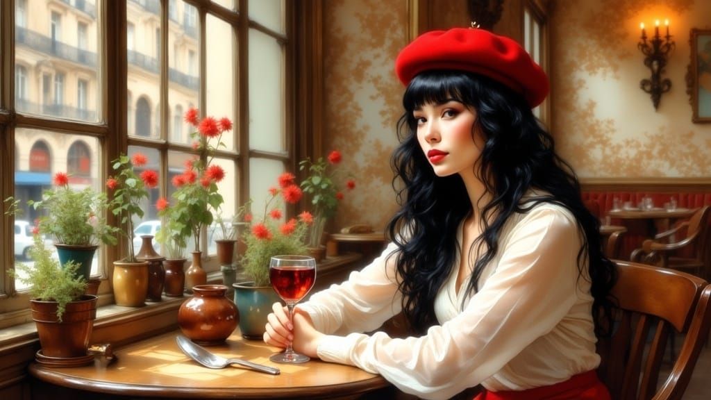 Elegant Woman in Parisian Cafe, Impressionist Painting