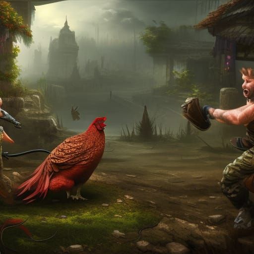 Gamefowl Fighting on Saturn: Detailed Matte Painting