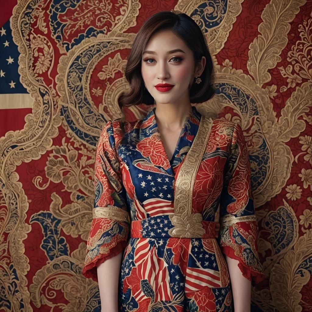 Confident Politician Portrait with Kebaya and US Flag