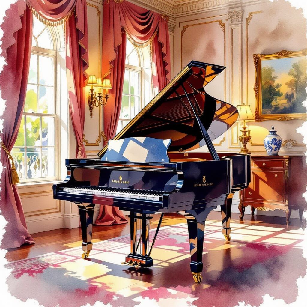 Elegant Grand Piano in Warm Watercolor Room