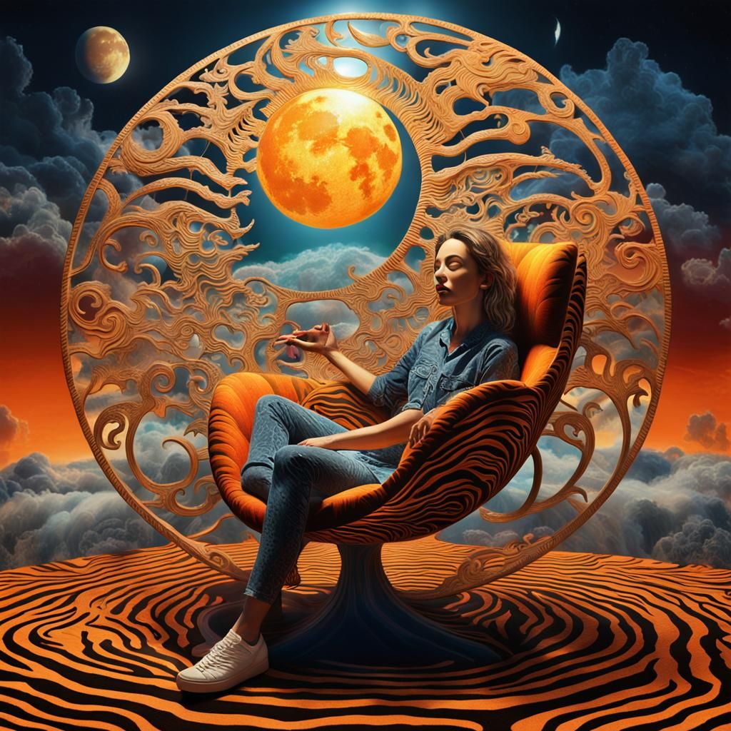 Surreal Woman on Zebra Planet in Ornate Chair