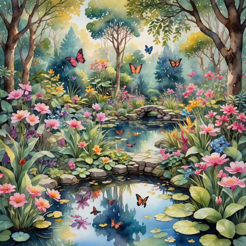 Magical Secret Garden with Butterflies: Watercolor Illustrat...