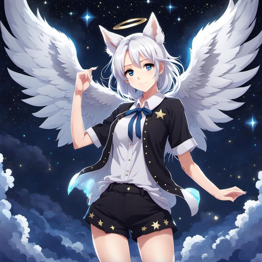 Anime Angel with Wolf Ears in Starry Night
