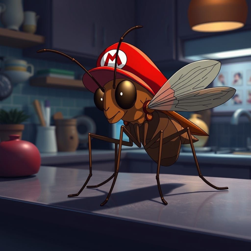 Brown Mosquito Wears Red Super Mario Hat in Moody Kitchen Sc...