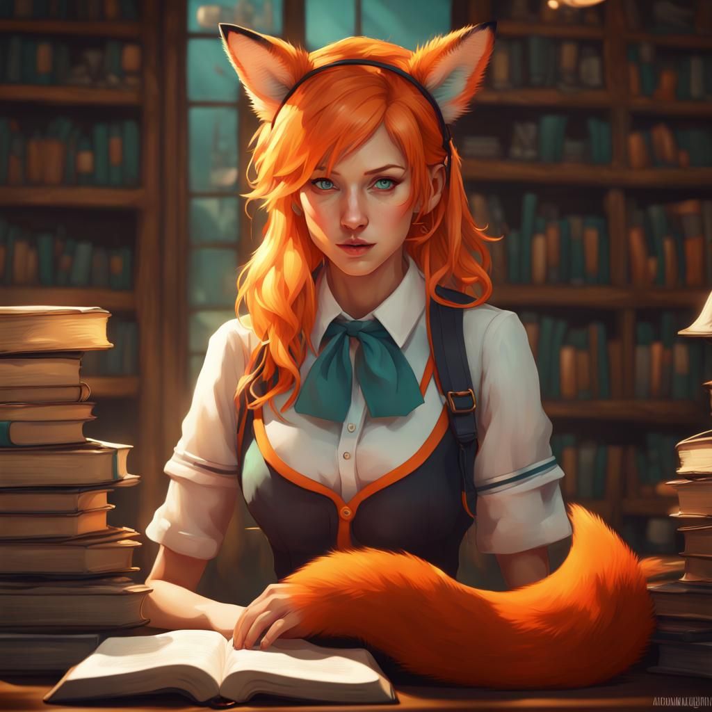 Fox-eared Student Reads a Book: Detailed Concept Art