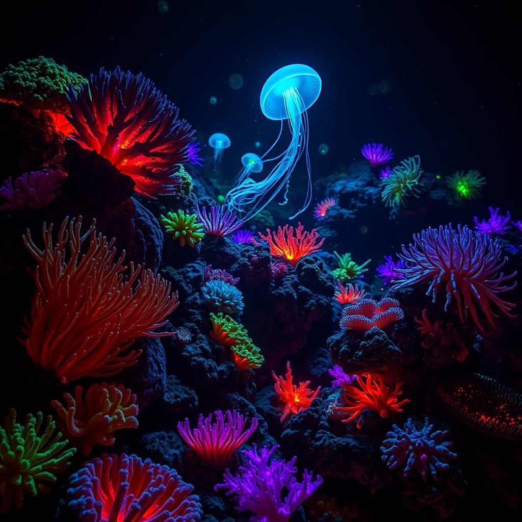 Bioluminescent Reef at Night: A Hyper-Detailed Photo