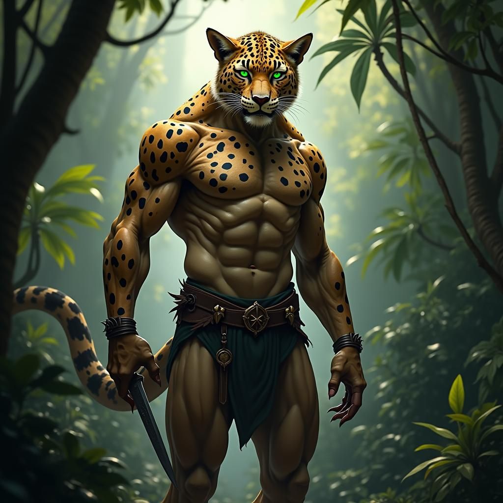 Fearsome Leopard-Human Hybrid in Jungle Setting